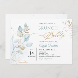 Watercolor Dusty Blue Gum Eucalyptus Brunch Bubbly Invitation