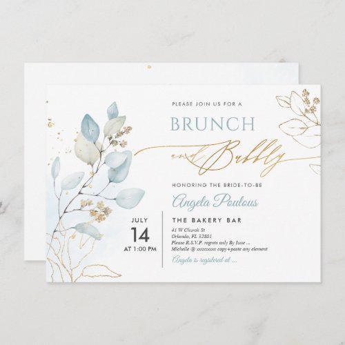 Watercolor Dusty Blue Gum Eucalyptus Brunch Bubbly Invitation