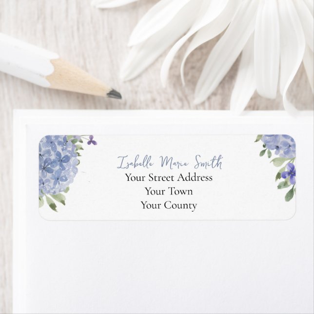 Watercolor Dusty Blue Hydrangea Flowers Wedding  Label (Insitu)