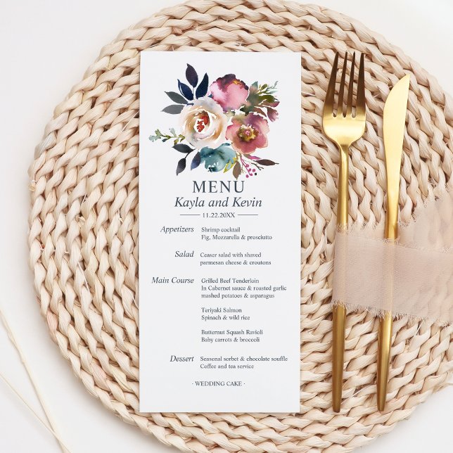 Watercolor Dusty Blue Mauve Floral Wedding MENU (Watercolor Dusty Blue Mauve Floral Wedding MENU)