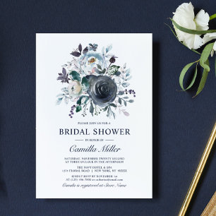 Watercolor Dusty Blue Navy Floral Bridal Shower Invitation