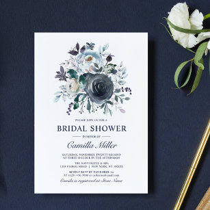 Watercolor Dusty Blue Navy Floral Bridal Shower Invitation