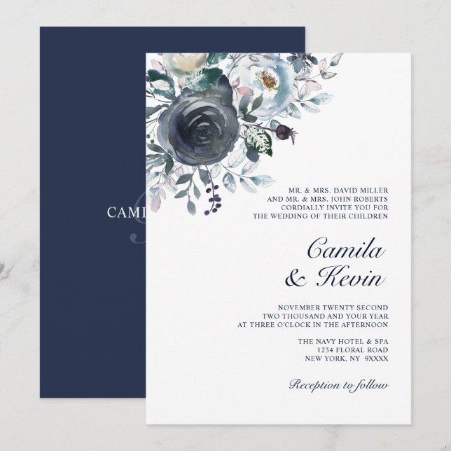 Watercolor Dusty Blue Navy Floral Wedding Invitation (Front/Back)