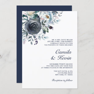 Watercolor Dusty Blue Navy Floral Wedding Invitation