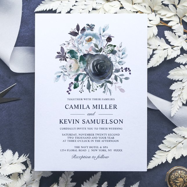 Watercolor Dusty Blue Navy Floral Wedding Invitation (Creator Uploaded)