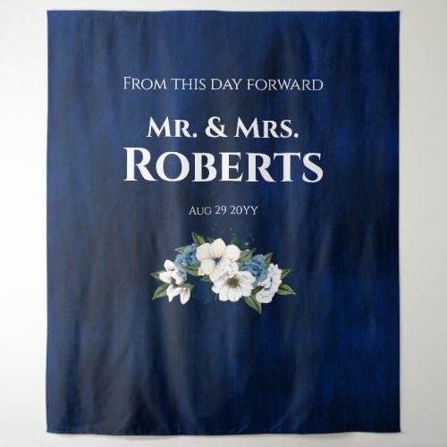 Watercolor Dusty Blue Navy Floral Wedding Wall Tap Tapestry