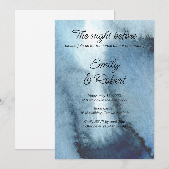 Watercolor dusty blue, navy Rehearsal Dinner  Invitation (Front/Back)