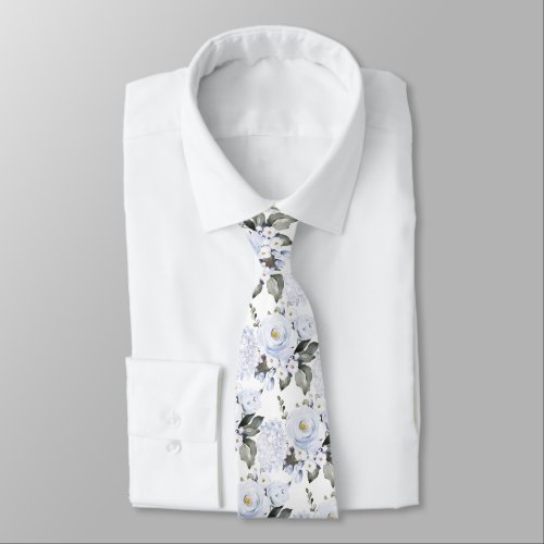 Watercolor Dusty Blue Peonies Roses Hydrangeas Neck Tie