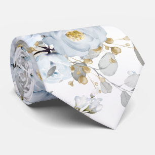 Watercolor Dusty Blue Peonies Roses Neck Tie