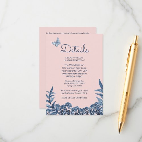 Watercolor Dusty Blue Pink Blush Floral Details Enclosure Card