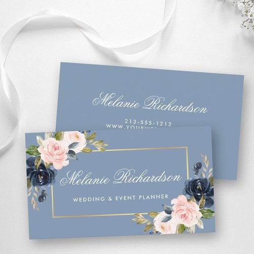 Watercolor Dusty Blue Pink Blush Floral Gold Business Card