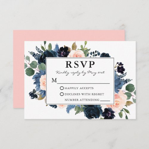 Watercolor Dusty Blue Pink Blush Floral Wedding RSVP Card