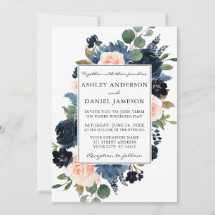Watercolor Dusty Blue Pink Floral Frame Wedding Invitation