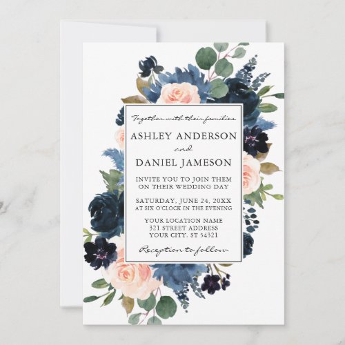 Watercolor Dusty Blue Pink Floral Frame Wedding Invitation