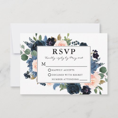 Watercolor Dusty Blue Pink Floral Frame Wedding RSVP Card