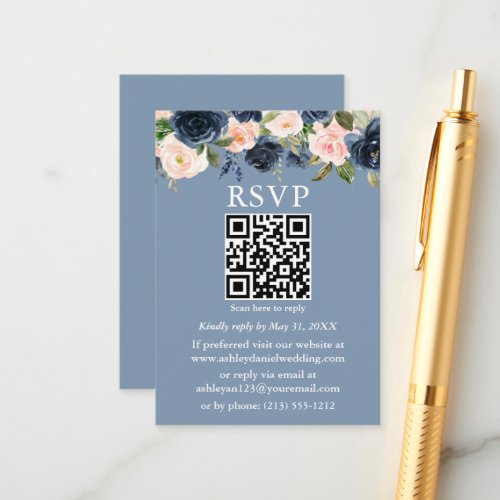 Watercolor Dusty Blue Pink Floral QR RSVP Enclosure Card