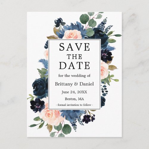 Watercolor Dusty Blue Pink Floral Save The Date Announcement Postcard