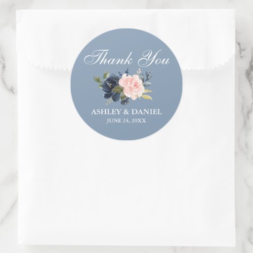 Watercolor Dusty Blue Pink Floral Thank You Classic Round Sticker