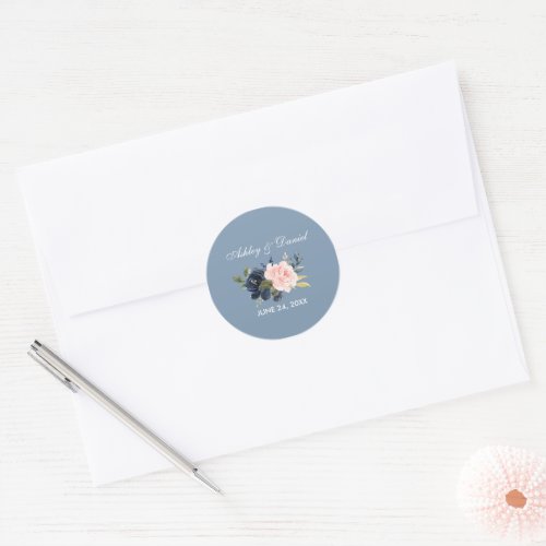 Watercolor Dusty Blue Pink Floral Wedding Classic Round Sticker
