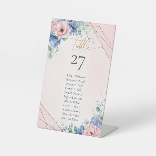 Watercolor Dusty blue pink flowers gold frame  Pedestal Sign