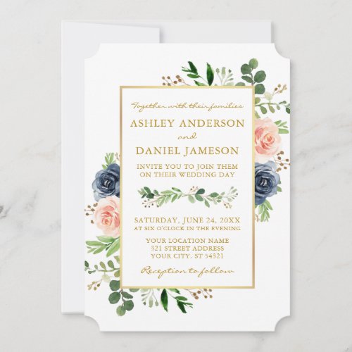 Watercolor Dusty Blue Pink Roses Gold Wedding Invitation