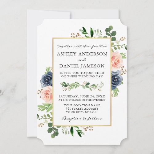 Watercolor Dusty Blue Pink Roses Greenery Wedding Invitation