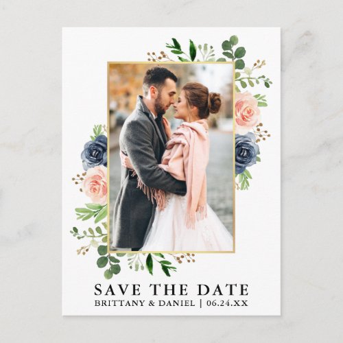 Watercolor Dusty Blue Pink Roses Save The Date Postcard