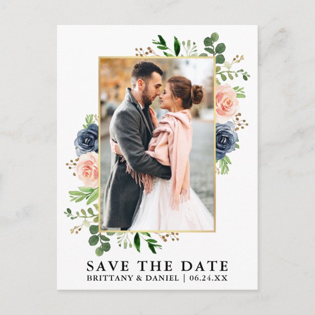 Watercolor Dusty Blue Pink Roses Save The Date Postcard (Front)