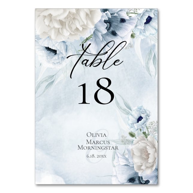 Watercolor Dusty Blue Poppies Table Number (Front)