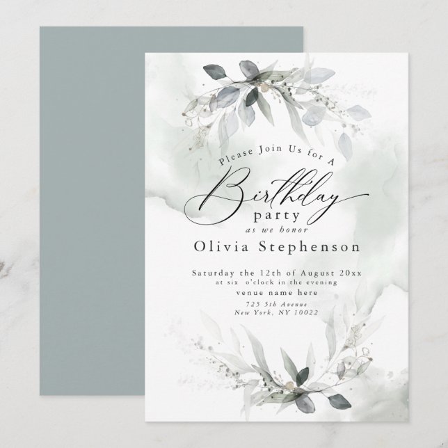 Watercolor Dusty Blue Poppy Birthday Invitation (Front/Back)
