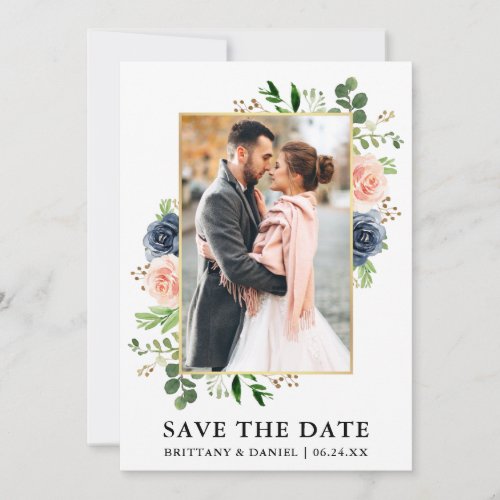 Watercolor Dusty Blue Roses Save The Date Card