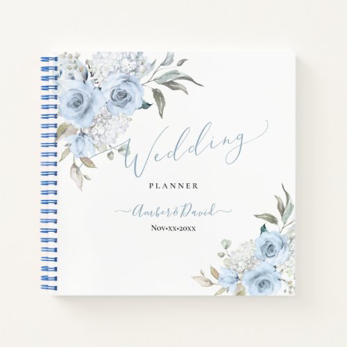 WATERCOLOR DUSTY BLUE ROSES WEDDING PLANNER NOTEBOOK