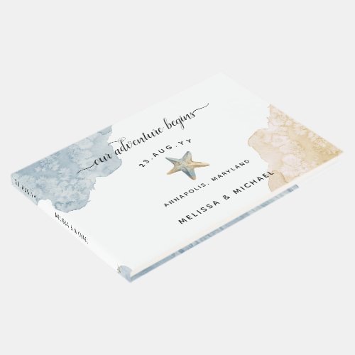 Watercolor Dusty Blue Sand Beach Wedding Starfish Guest Book