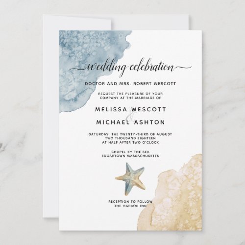 Watercolor Dusty Blue Sea Beach Event Wedding Invitation