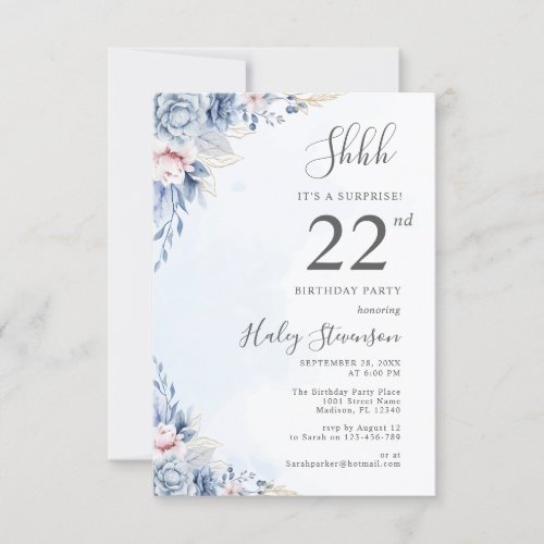 Watercolor Dusty Blue Surprise 22nd Birthday Party Invitation