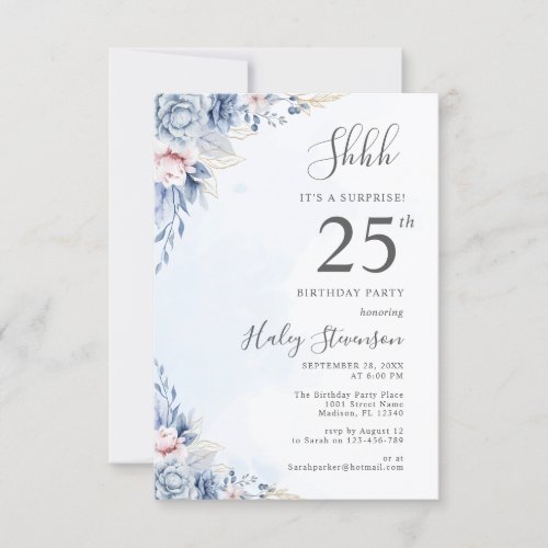 Watercolor Dusty Blue Surprise 25th Birthday Party Invitation