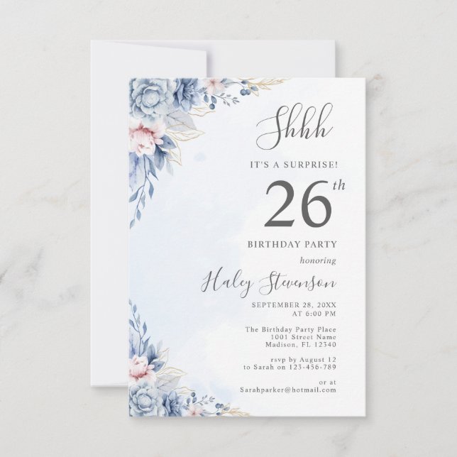 Watercolor Dusty Blue Surprise 26th Birthday Party Invitation (Front)