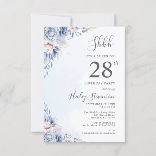 Watercolor Dusty Blue Surprise 28th Birthday Party Invitation