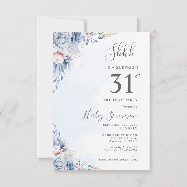 Watercolor Dusty Blue Surprise 31st Birthday Party Invitation (Front)