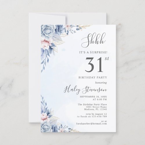 Watercolor Dusty Blue Surprise 31st Birthday Party Invitation