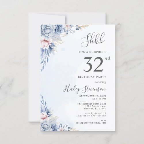 Watercolor Dusty Blue Surprise 32nd Birthday Party Invitation