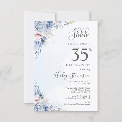 Watercolor Dusty Blue Surprise 35th Birthday Party Invitation