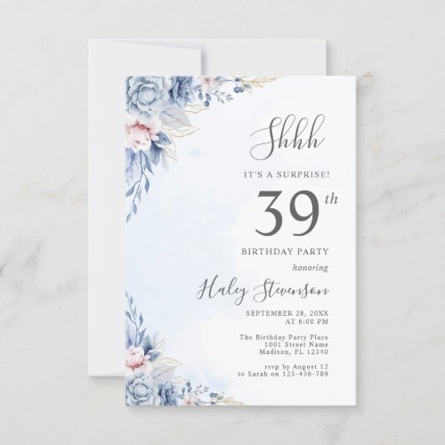 Watercolor Dusty Blue Surprise 39th Birthday Party Invitation