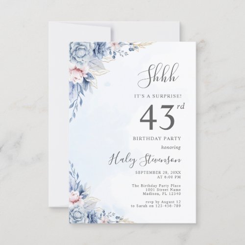 Watercolor Dusty Blue Surprise 43rd Birthday Party Invitation