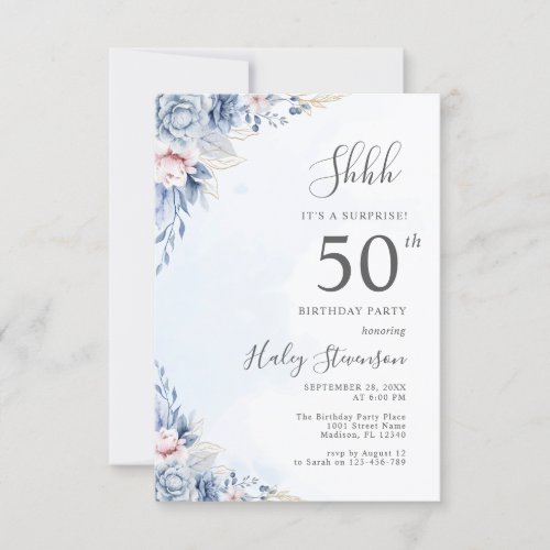 Watercolor Dusty Blue Surprise 50th Birthday Party Invitation