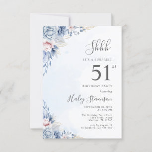 Watercolor Dusty Blue Surprise 51st Birthday Party Invitation