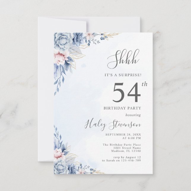 Watercolor Dusty Blue Surprise 54th Birthday Party Invitation (Front)