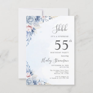 Watercolor Dusty Blue Surprise 55th Birthday Party Invitation