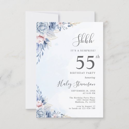 Watercolor Dusty Blue Surprise 55th Birthday Party Invitation