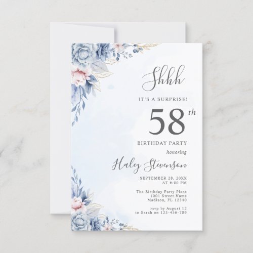 Watercolor Dusty Blue Surprise 58th Birthday Party Invitation